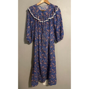 Vintage Models Coat Nightgown Womens Large Blue Paisley Ruffle Cottagecore 70s